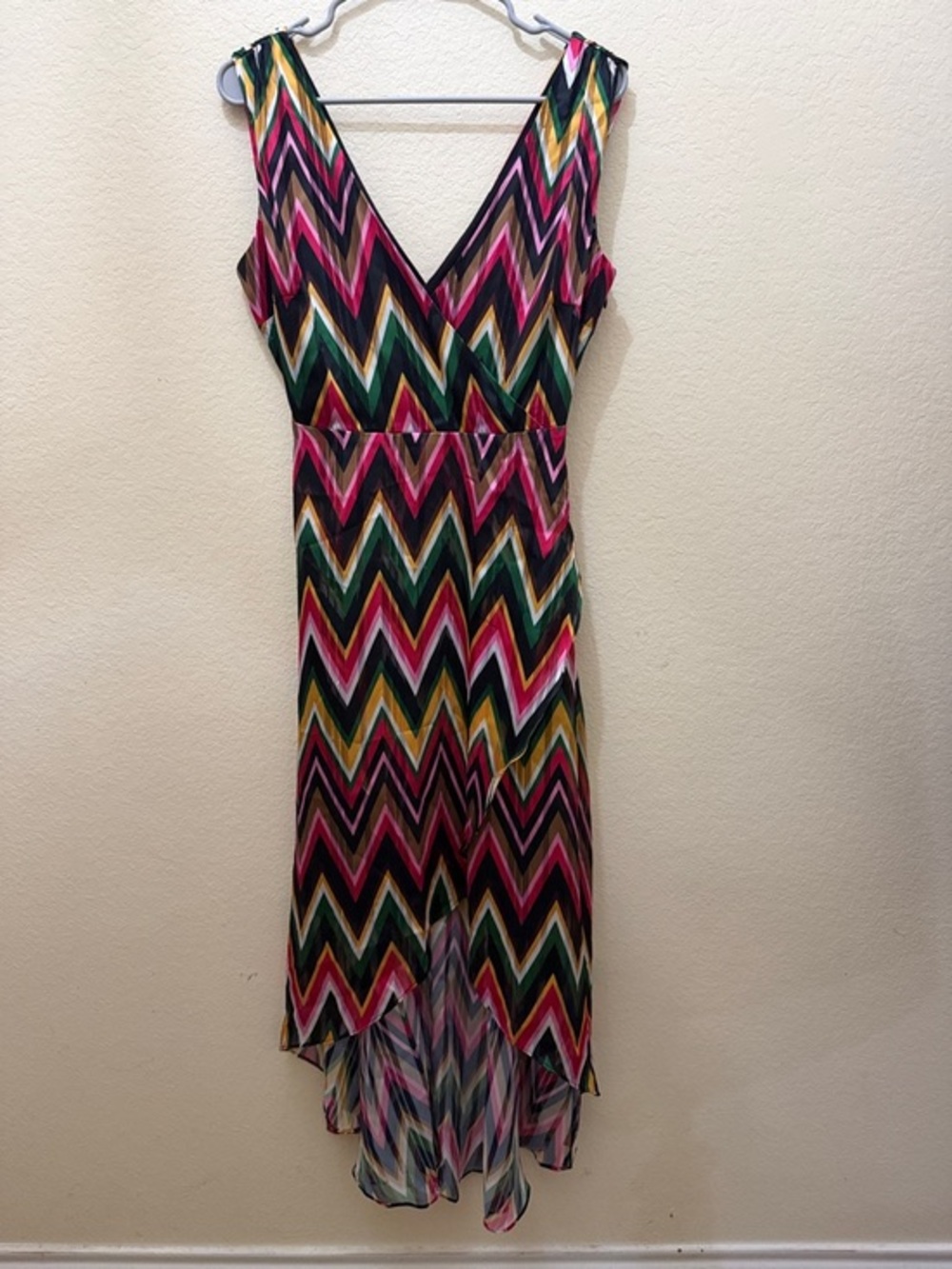 INC International Concepts Pink, Green & Yellow Chevron V-Neck High-Low Dress
